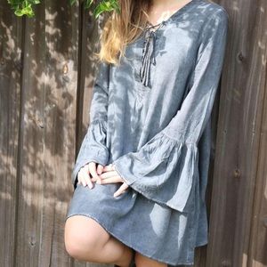 Charcoal Distressed Lace Up Bell Sleeve Dress
